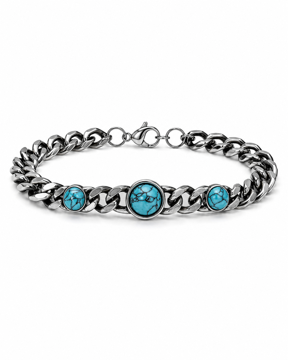 Beaded natural stone Silver Blue Çelik Bileklik 
