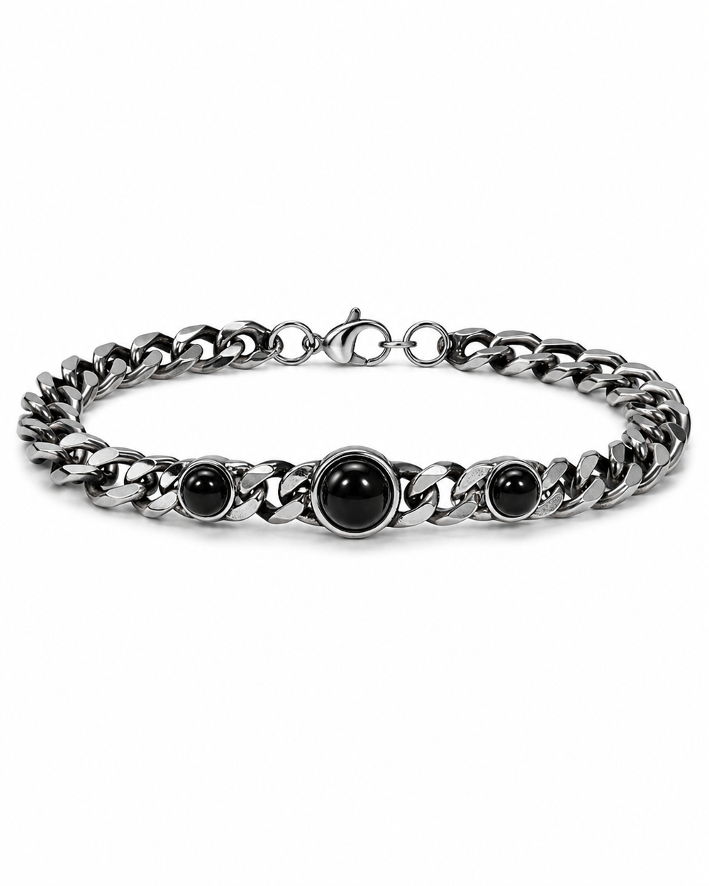Beaded natural stone Silver Black Çelik Bileklik 