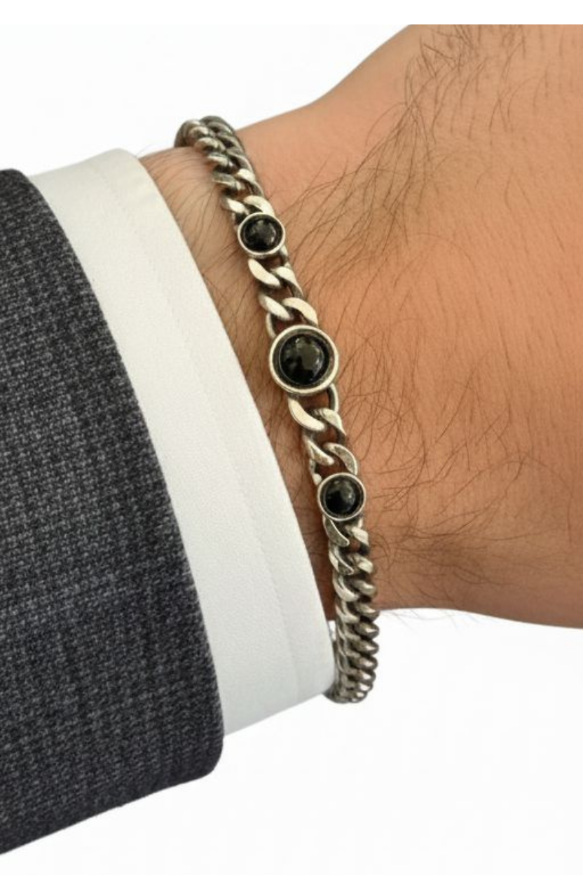 Beaded natural stone Silver Black Çelik Bileklik BileklikWATCHOFROYALBeadedBeaded natural stone Silver Black Çelik Bileklik 