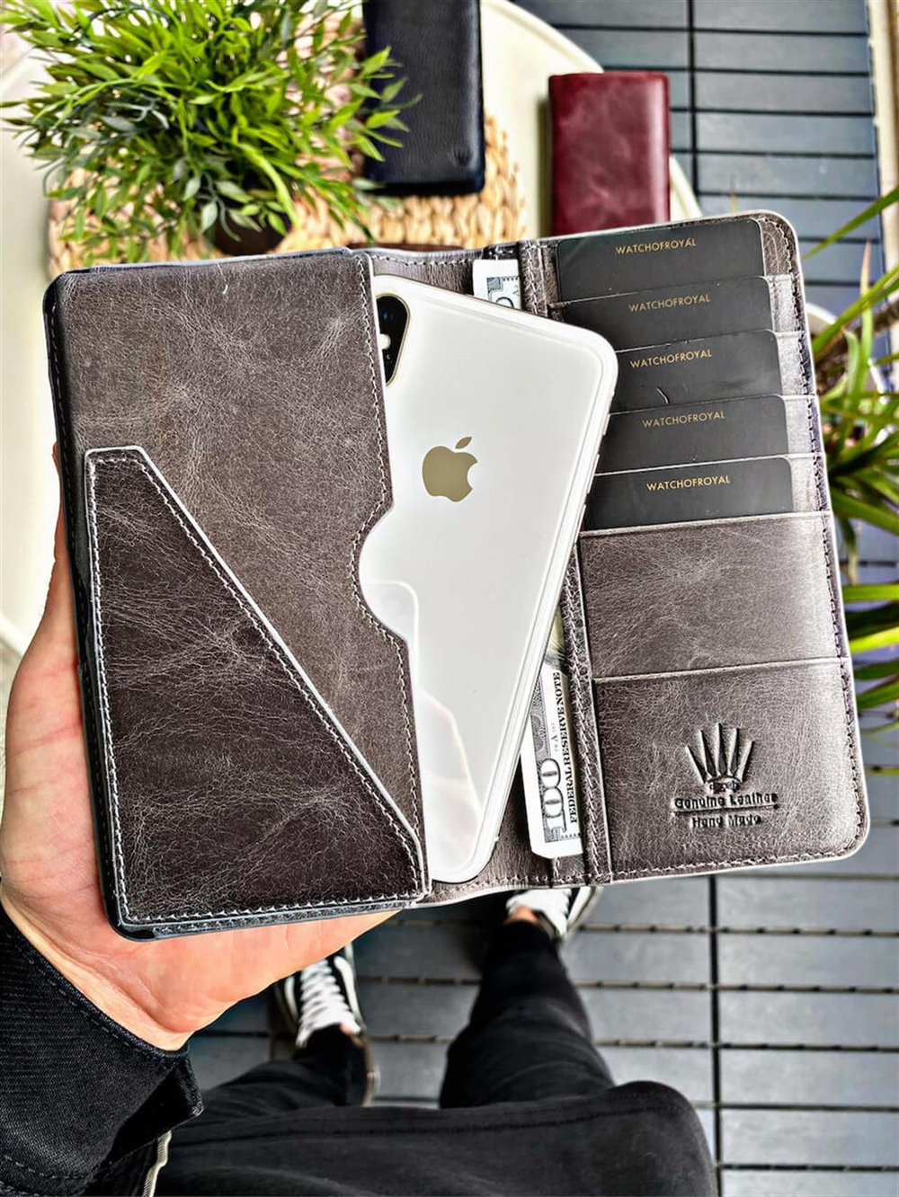 Hakiki Deri Cüzdan Crazy Gri Çift Bölme Telefon Cüzdanı 7 Kart Bölmesi  Portföy Çanta Elegant