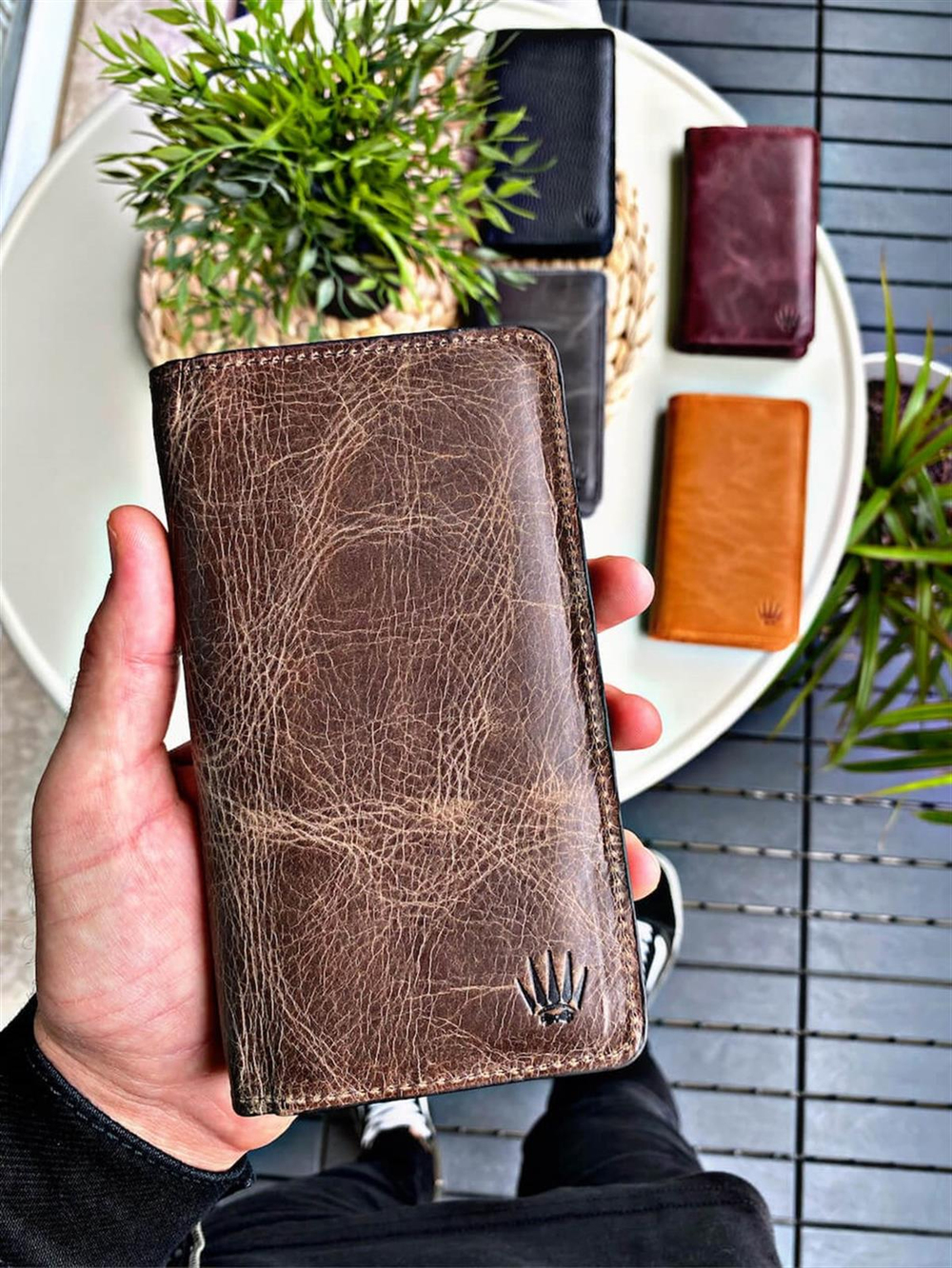 Hakiki Deri Cüzdan Crazy Kahverengi Çift Bölme Telefon Cüzdanı 7 Kart Bölmesi Portföy Elegant