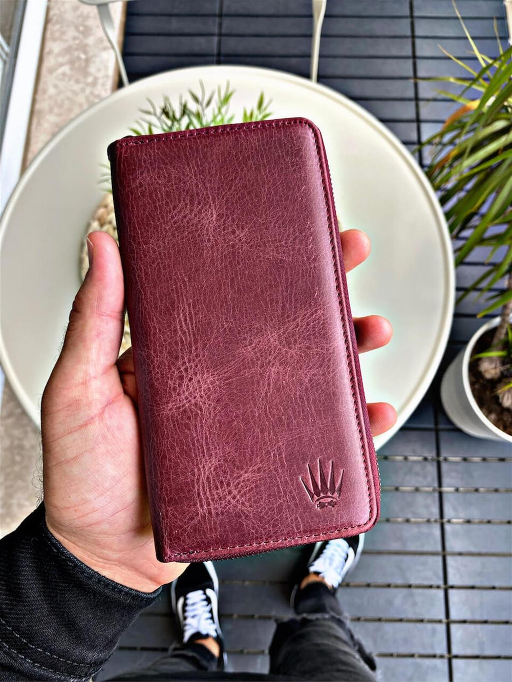 Hakiki Deri Cüzdan Bordo %100 Hakiki Deri Telefon Cüzdanı 9 Kart Bölmeli Pratik ve Şık Portföy Tasarım Leon