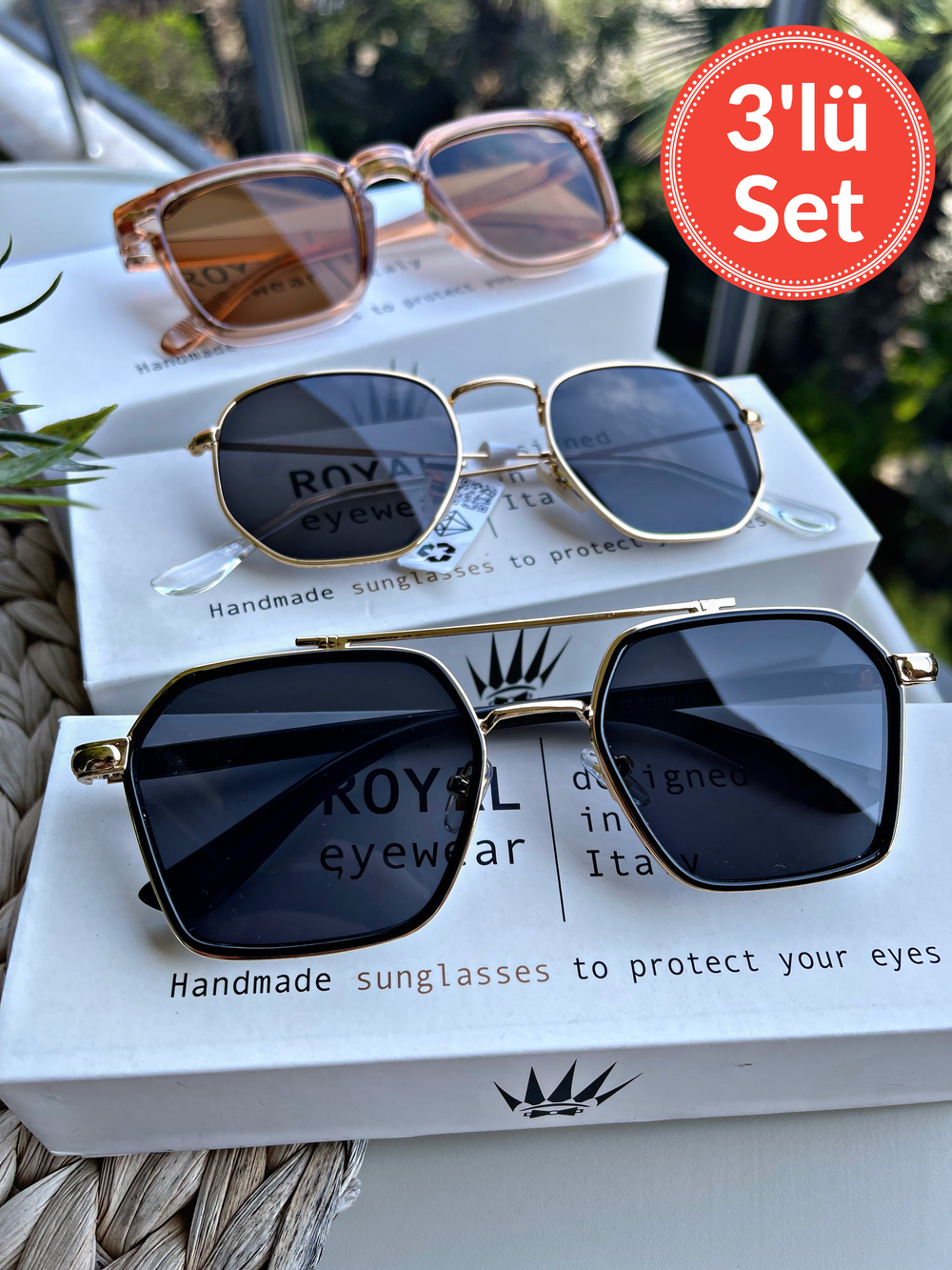 Üçlü Set Siyah&Rose Güneş Gözlüğü Kadın & Erkek UV400 Cam Orjinal CE Belgeli