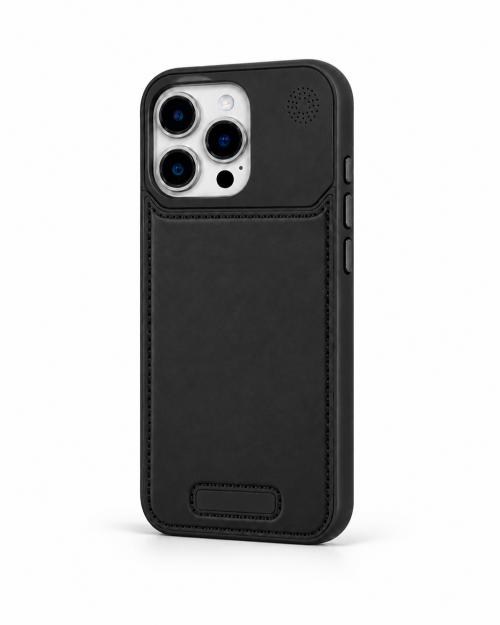 Therock 16 Pro Siyah Manyetik Özellikli Alüminyum Alaşımlı Hakiki Deri,Kokulu Metal Kızaklı Telefon Kılıfı