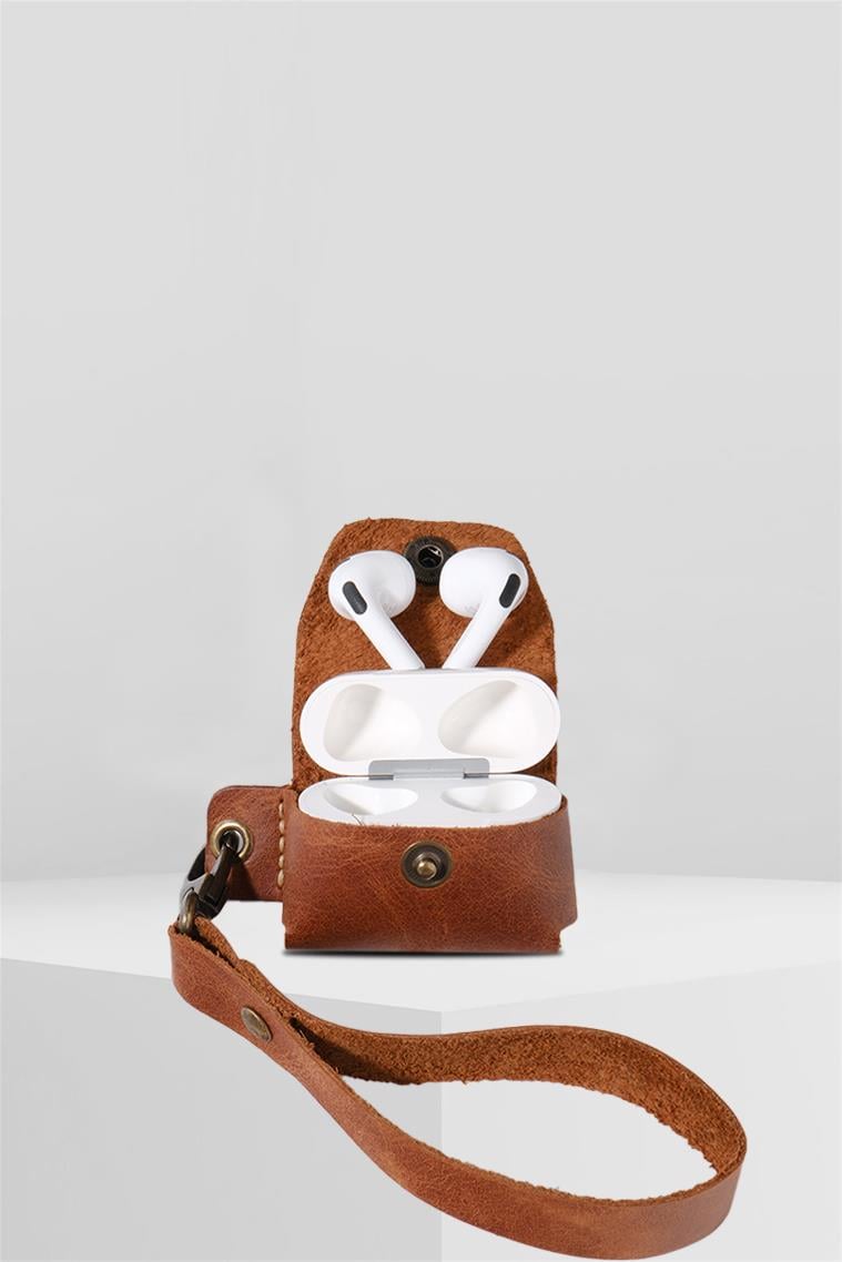 Apple Airpods Pro Hakiki Deri Kılıf+Anahtarlık Tiguan  Taba 