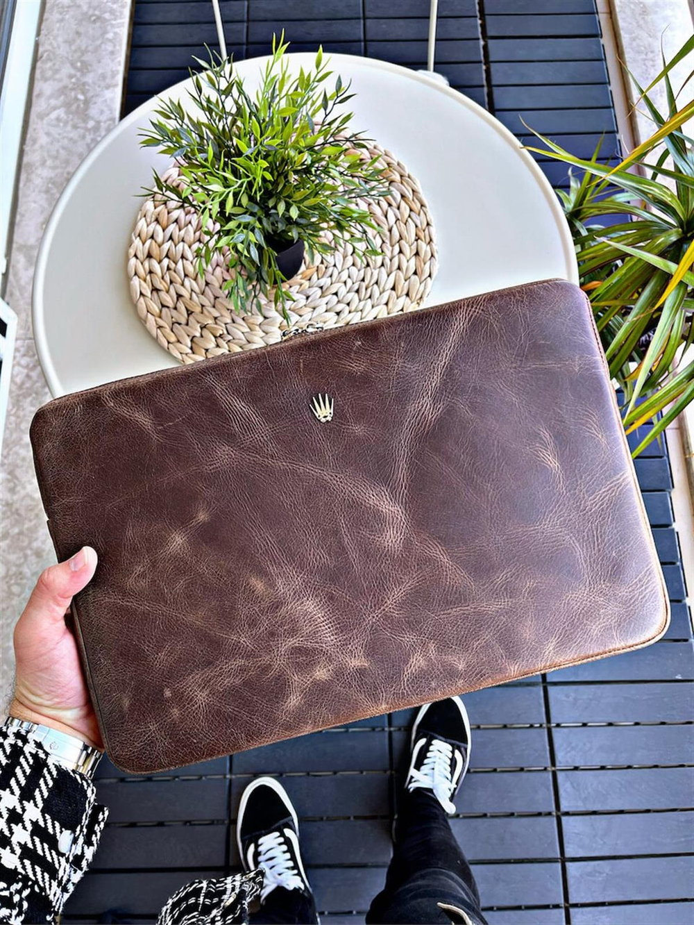 Premium Hakiki Deri efekt Kahverengi El Çantası Fermuarlı Notebook Organizatör Bouches