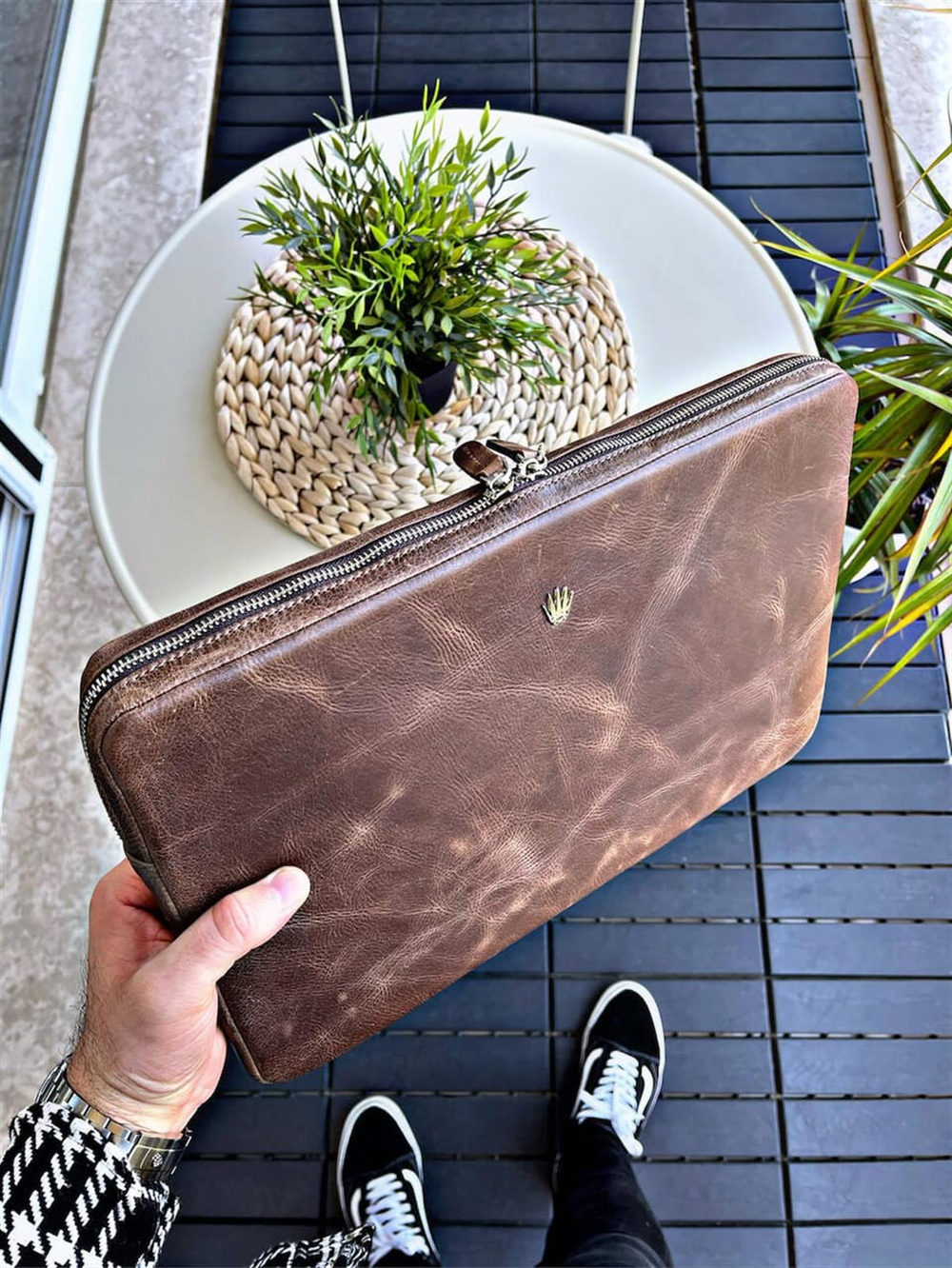 Premium Hakiki Deri efekt Kahverengi El Çantası Fermuarlı Notebook Organizatör Bouches