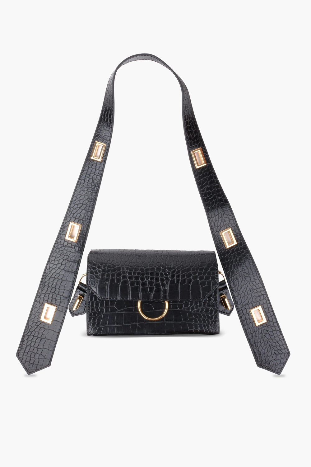 Kadın Desenli Siyah Deri Ayarlanabilir Omuz Ve El Çantası Dina