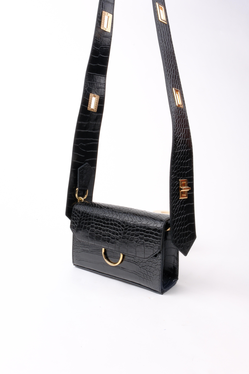 Kadın Desenli Siyah Deri Ayarlanabilir Omuz Ve El Çantası Dina