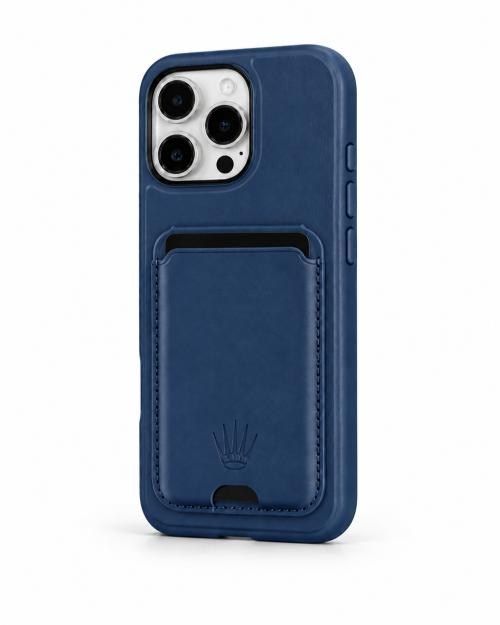Standlı iPhone 15 Pro Max Lacivert Deri Telefon Kılıfı