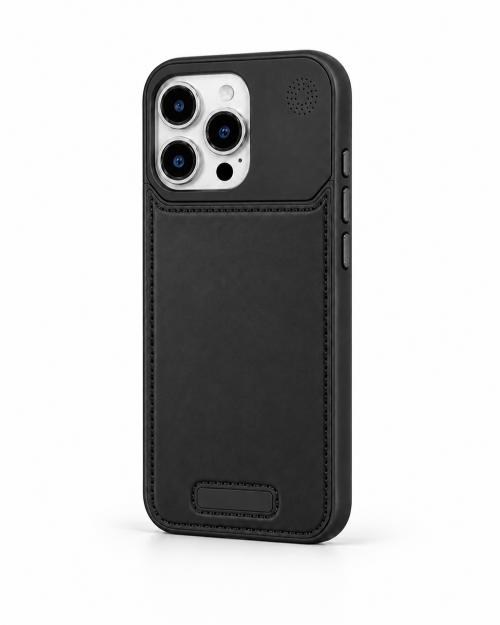 Therock 15 Pro Max Siyah Manyetik Özellikli Alüminyum Alaşımlı Hakiki Deri,Kokulu Metal Kızaklı Telefon Kılıfı