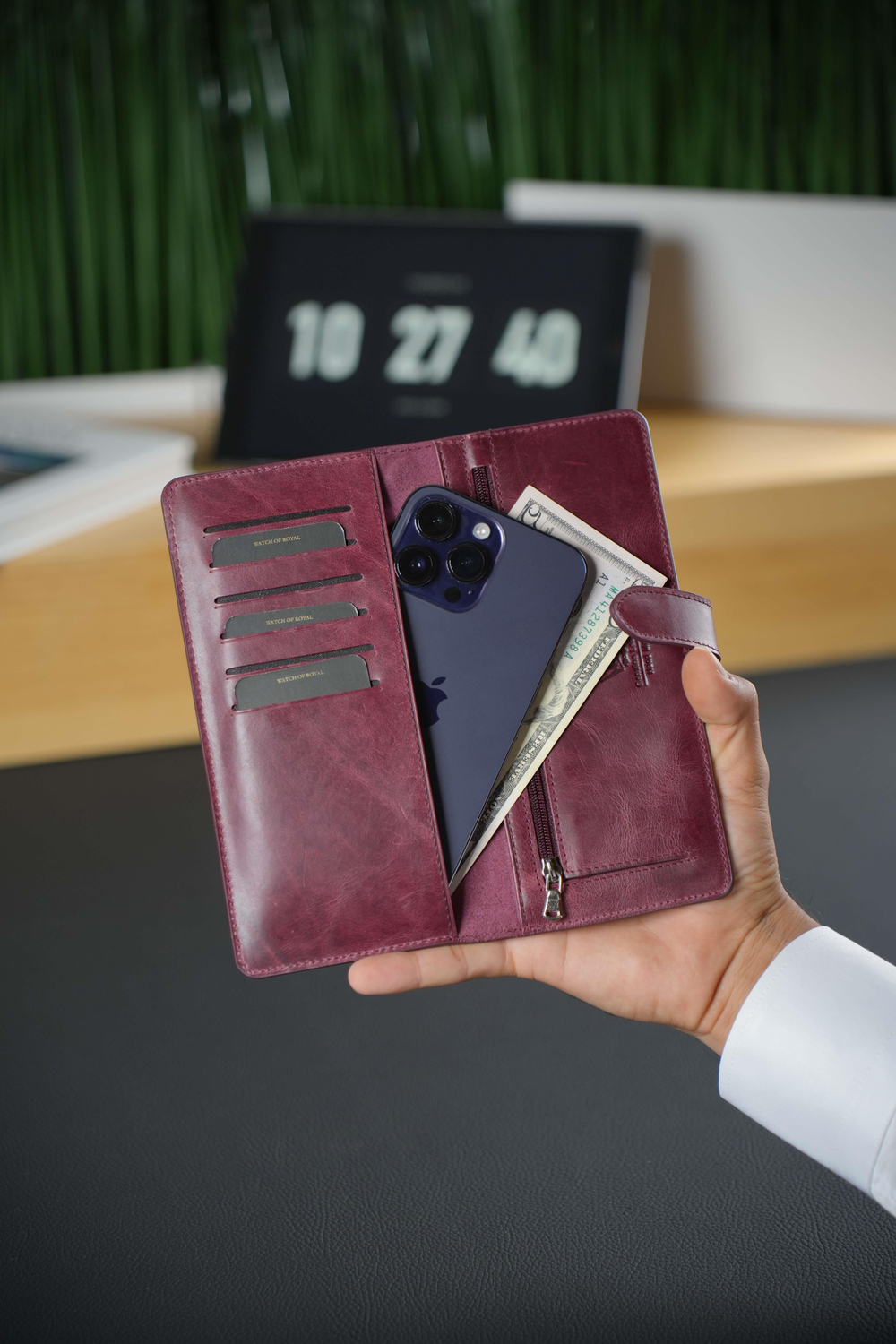 Hakiki Deri Bordo Cüzdan Telefon Cüzdanı 9 Kart Bölmeli Şık Portföy Tasarım Fermuar ve Para Bölmeli Lucy
