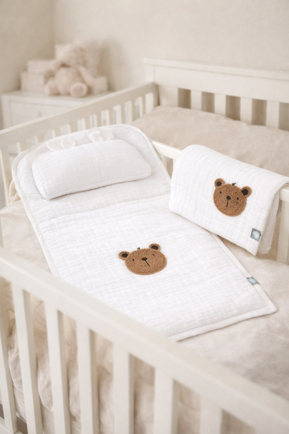 Bebek Altaçma Seti Müslin Teddy Beyaz 40 x 70 cm