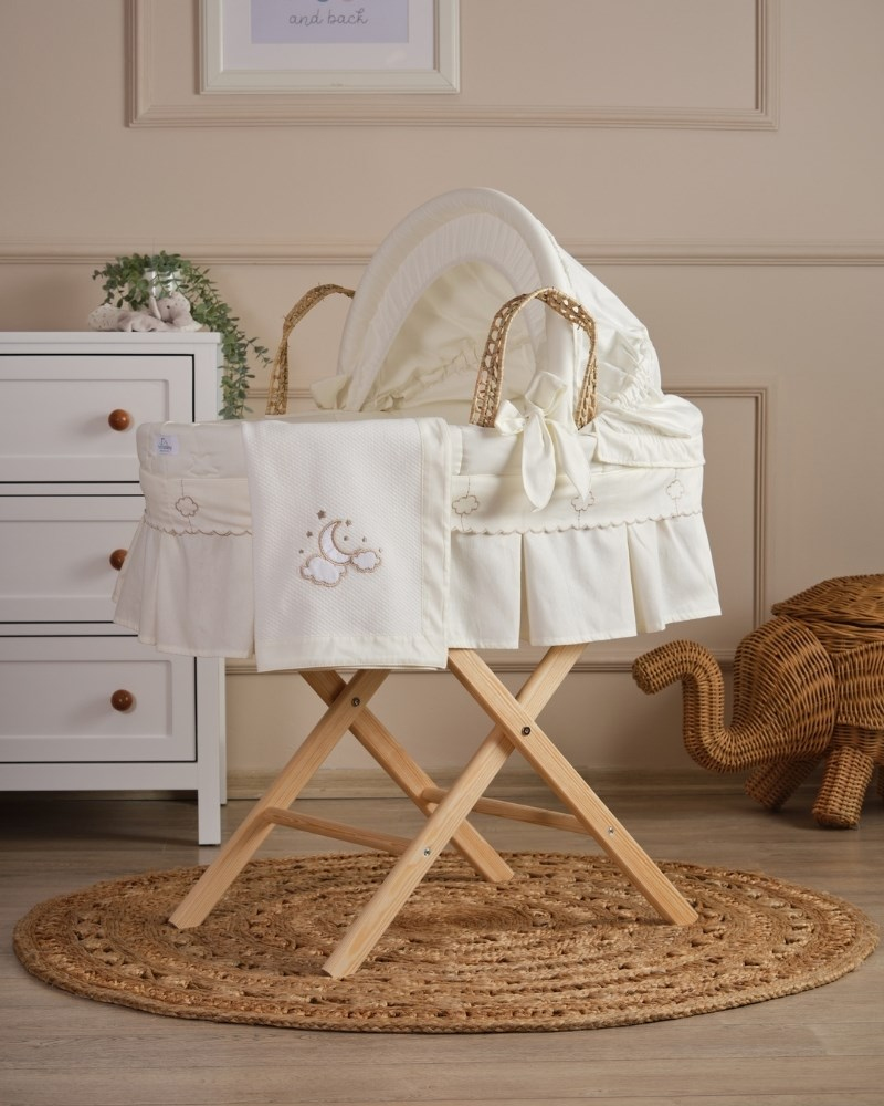 Bebek Hasır Sepet Beşik Seti Düz Ayaklı Luna Elegant Ekru 85 cm