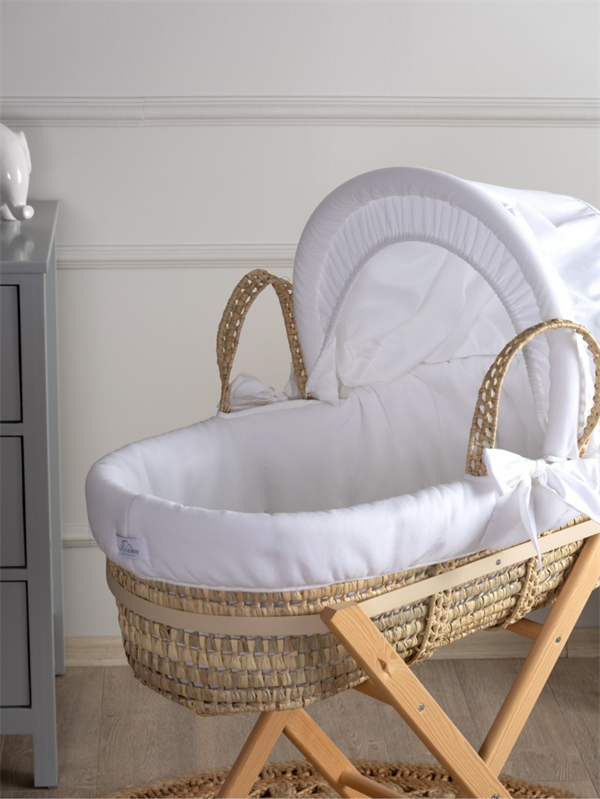 Bebek Hasır Sepet Beşik Tekstil Seti Basic Beyaz 85 cm