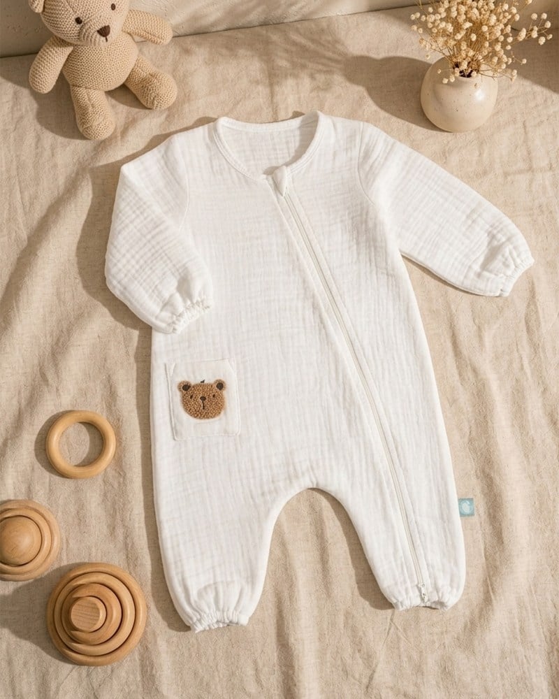 Bebek Tulum Seti Müslin 2li Teddy Beyaz