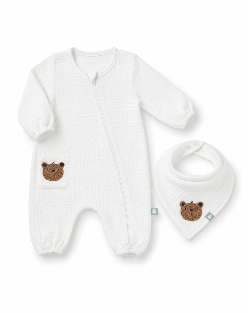 Bebek Tulum Seti Müslin 2li Teddy Beyaz