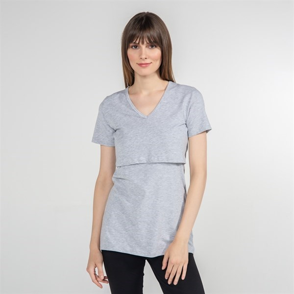 Emzirme T-Shirt V Yaka Nora Gri