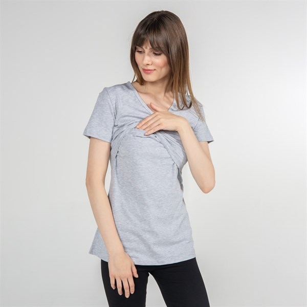 Emzirme T-Shirt V Yaka Nora Gri