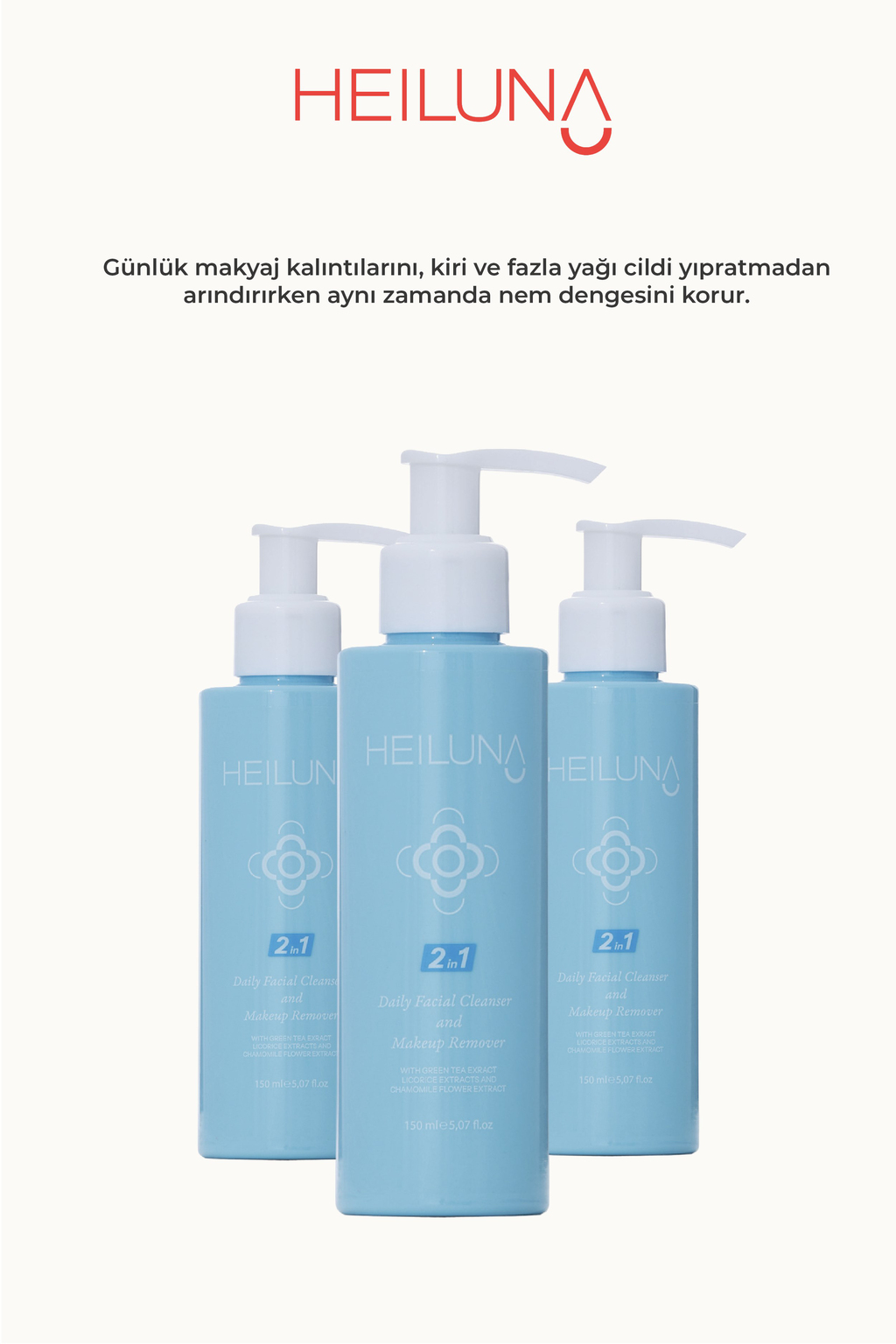 Çift Etkili Yüz & Makyaj Temizleyici 150 ml – Yeşil Çay, Meyan Kökü & Papatya ile Nazik Temizlik