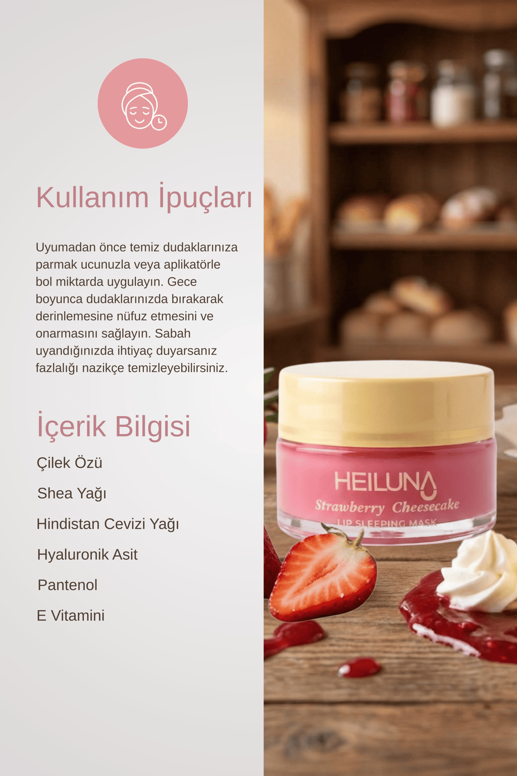 Çilekli Cheesecake Özlü Gece Dudak Maskesi 20g | E Vitamini, Shea Yağı Besleyici Bakım