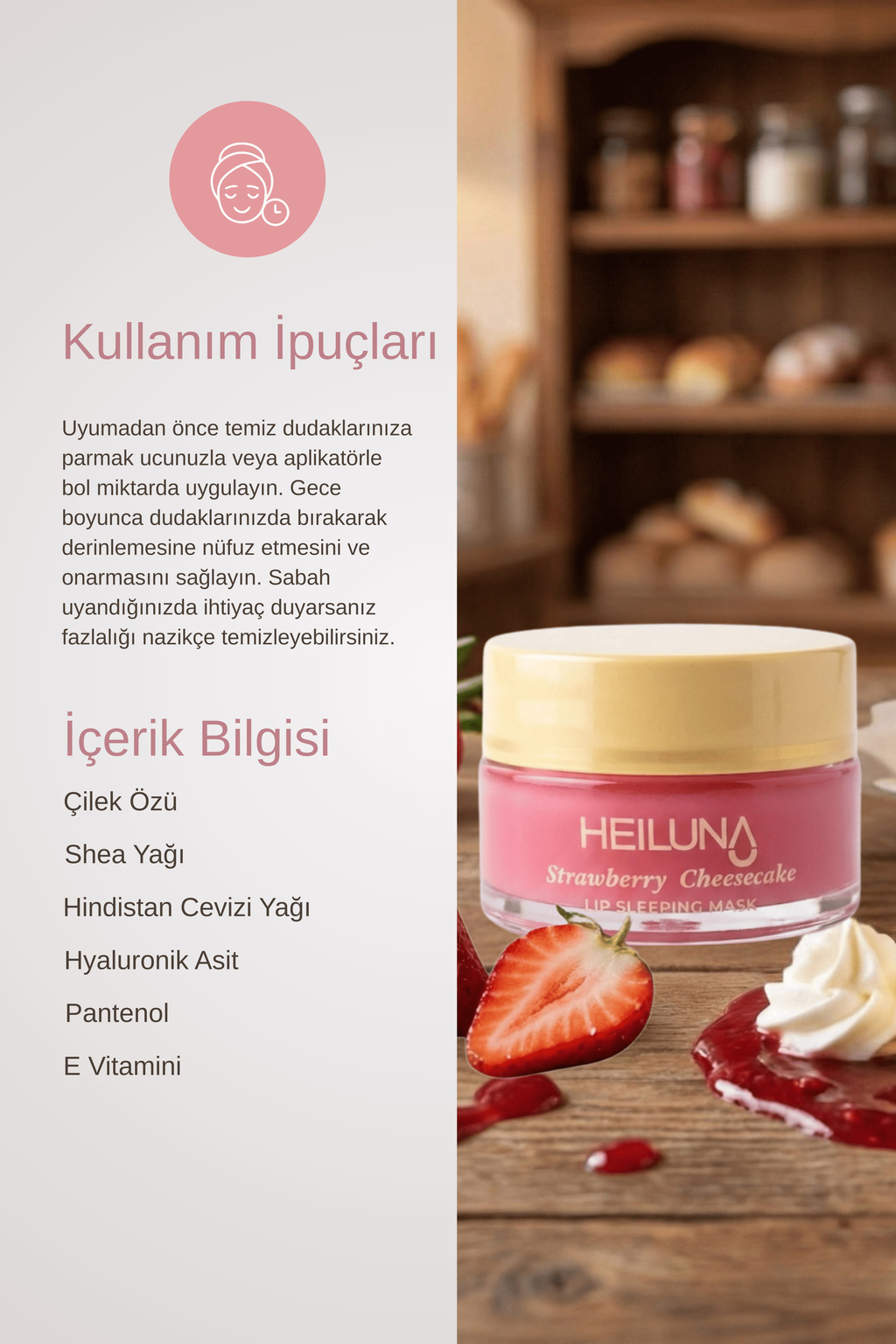 Çilekli Cheesecake Özlü Gece Dudak Maskesi 20g | E Vitamini, Shea Yağı Besleyici Bakım