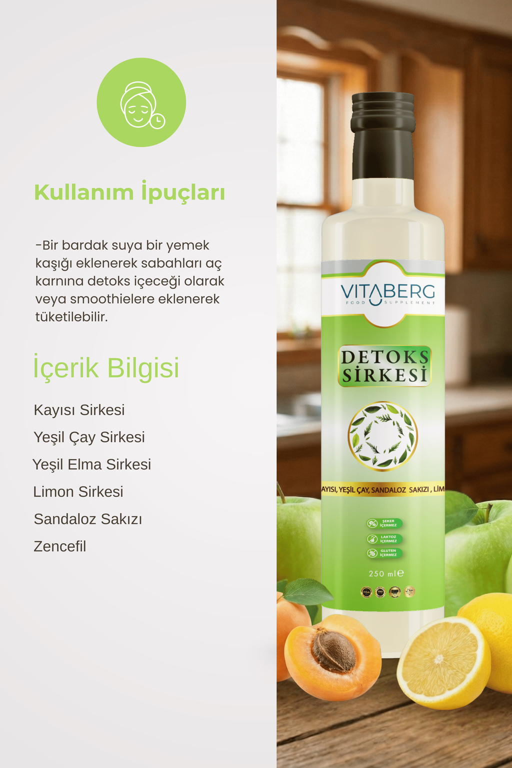 Detoks Sirkesi | Kayısı, Yeşil Çay ve Bitkisel Ekstrakt İçeren Karışım 250 ml