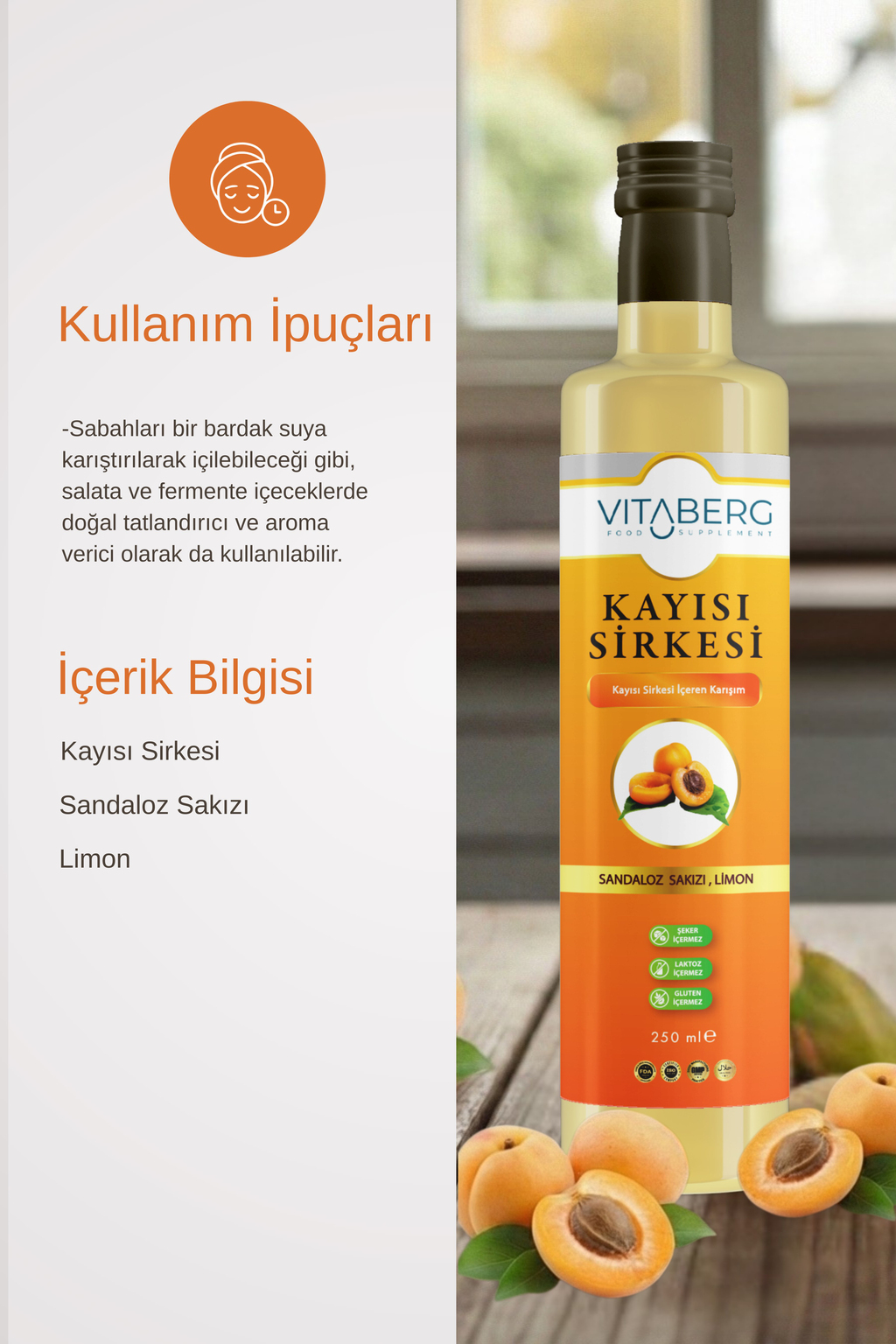 Kayısı Sirkesi | Sandaloz Sakızı ve Limon Ekstrakt İçeren Karışım 250 ml