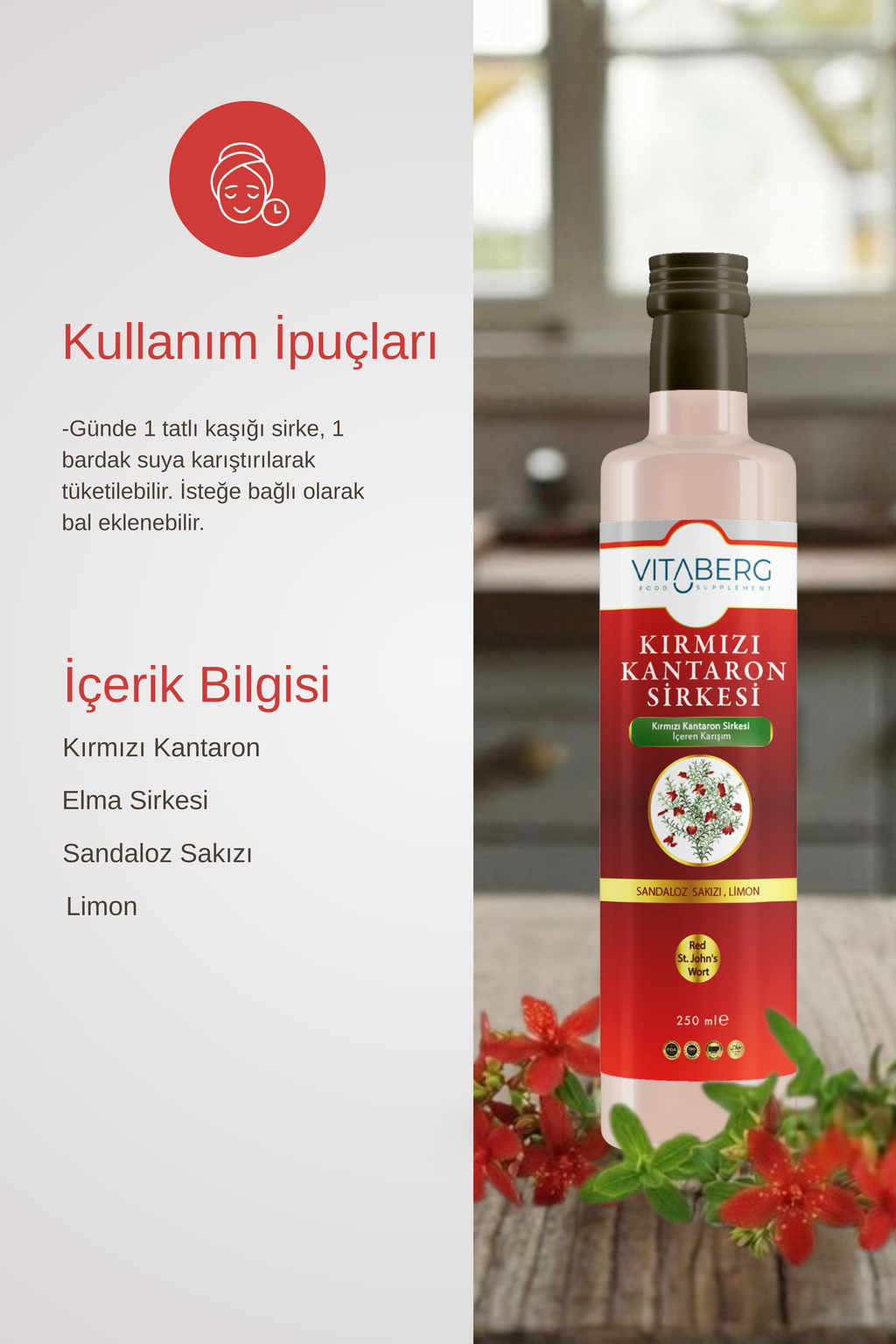 Kırmızı Kantaron Sirkesi  | Elma ve Bitkisel Ekstrakt İçeren Karışım 250 ml