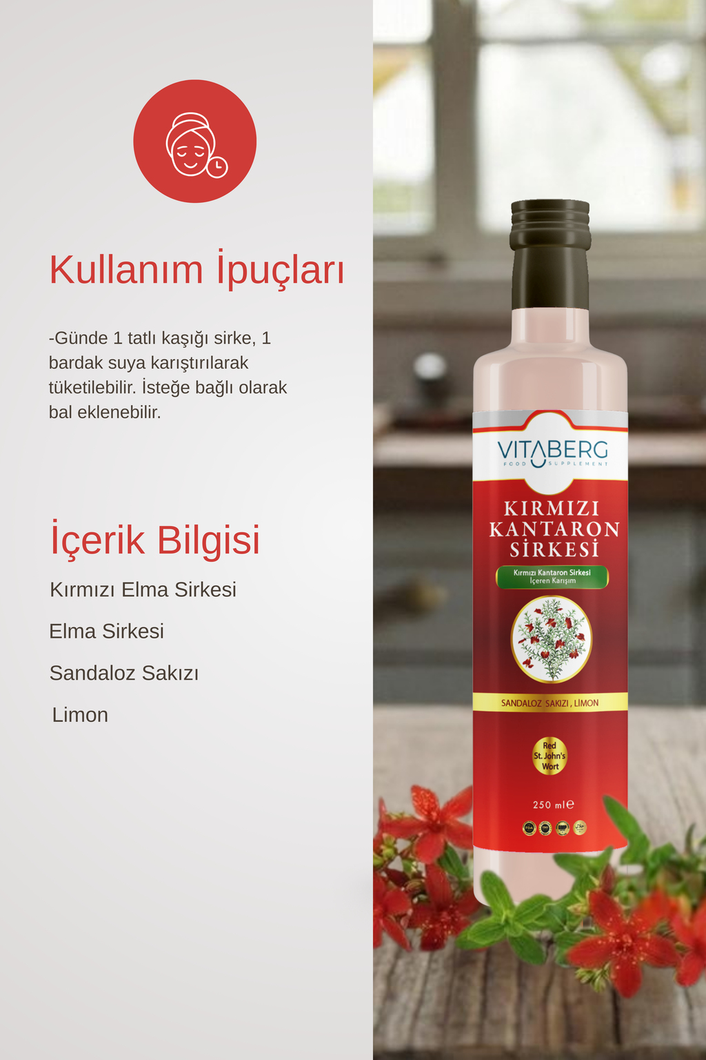 Kırmızı Kantaron Sirkesi  | Elma ve Bitkisel Ekstrakt İçeren Karışım 250 ml