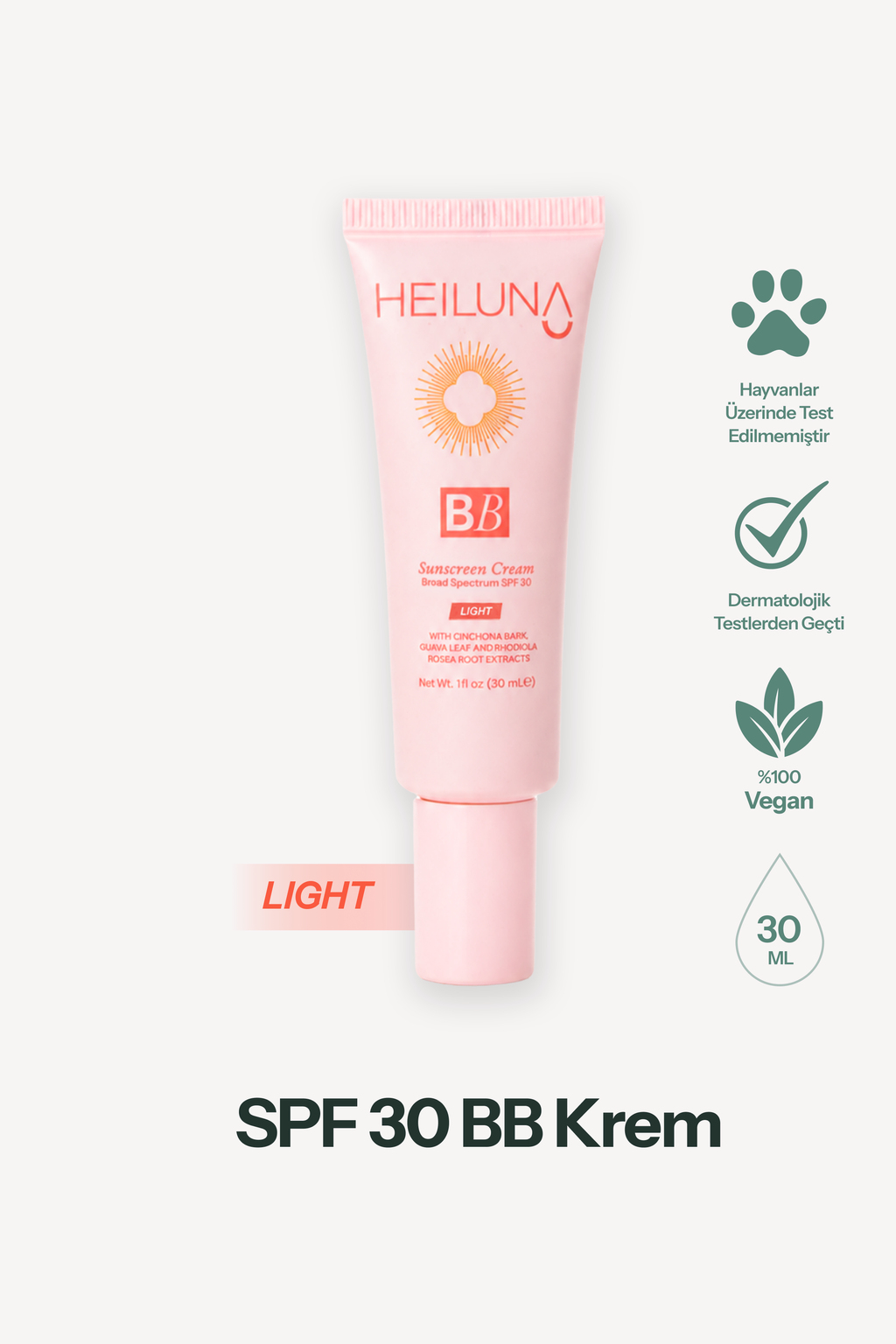 SPF 30 BB Krem 30 ml Light, Niacinamide & Aloe Vera ile Aydınlatıcı, Nemlendirici ve Güneş Koruma