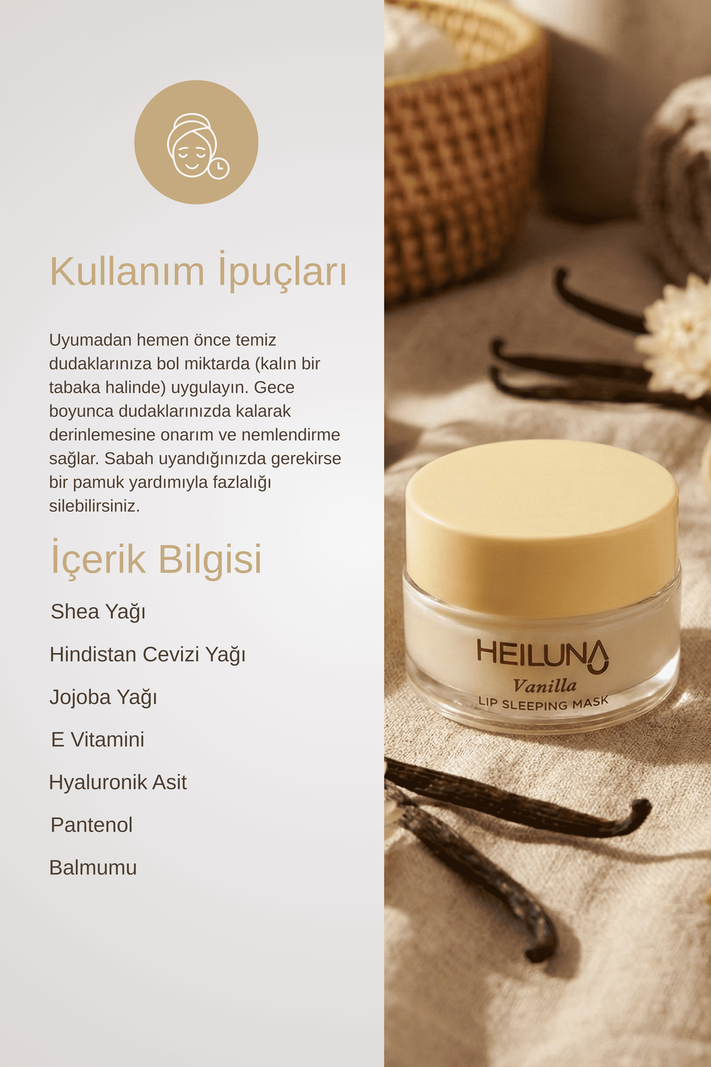 Vanilya Özlü Gece Dudak Maskesi 20g | E Vitamini, Shea Yağı Besleyici Bakım