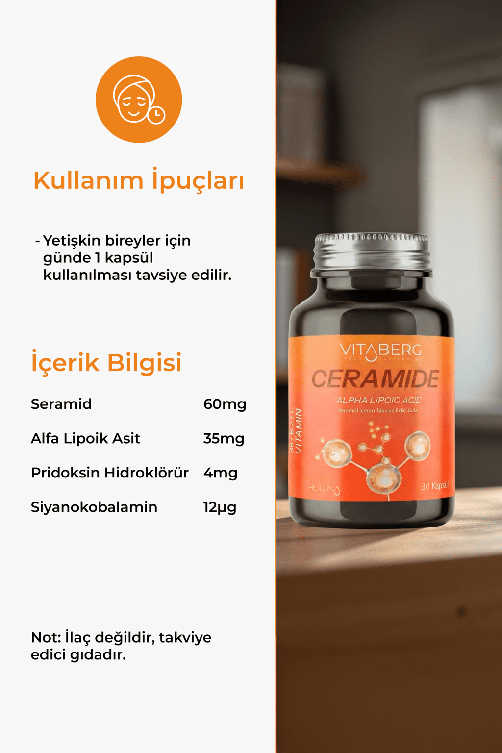 Ceramide 30 Kapsül | Seramid, Alfa Lipoik Asit, Vitamin C, B6 ve B12 | Vegan