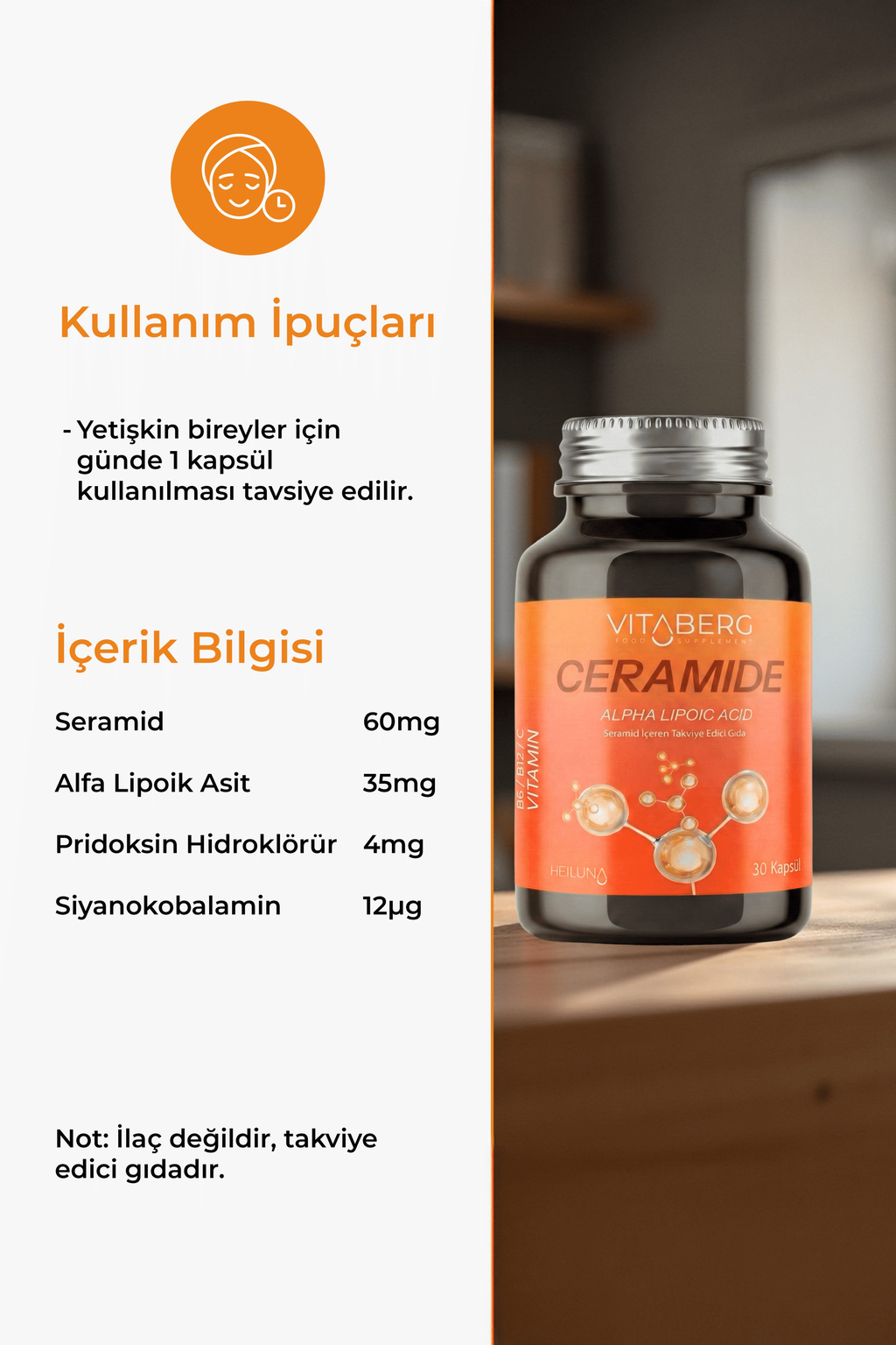 Ceramide 30 Kapsül | Seramid, Alfa Lipoik Asit, Vitamin C, B6 ve B12 | Vegan