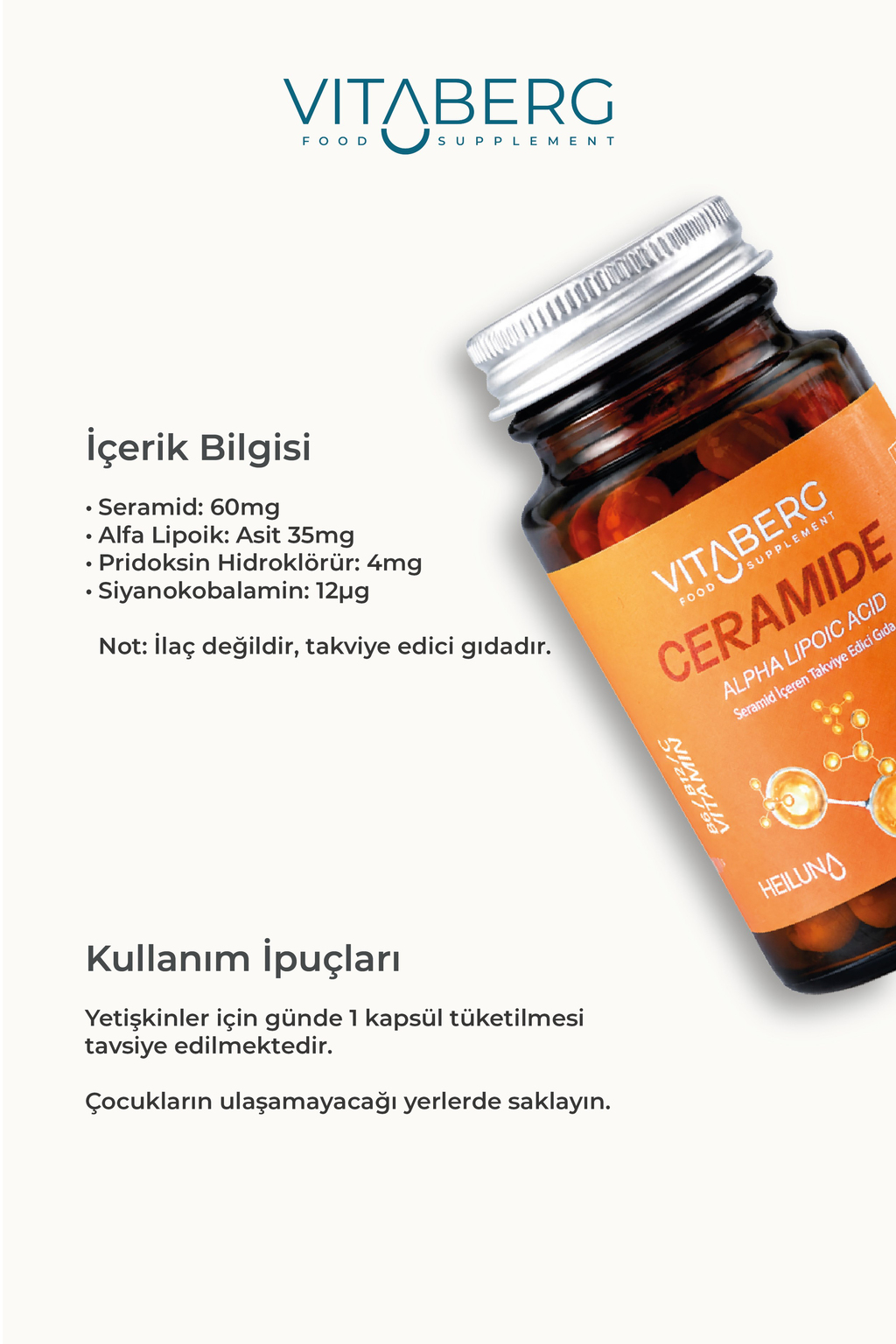 Vitaberg Ceramide 30 Kapsül | Seramid, Alfa Lipoik Asit, Vitamin C, B6 ve B12 | Vegan
