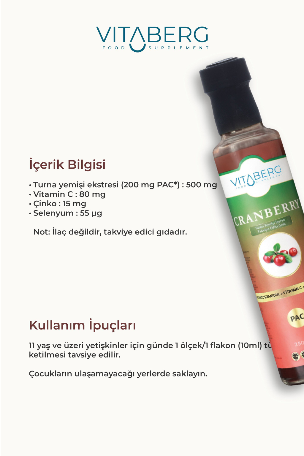 Vitaberg Cranberry Extract Sıvı Takviye | Vitamin C, Çinko, Selenyum İçeren Formül