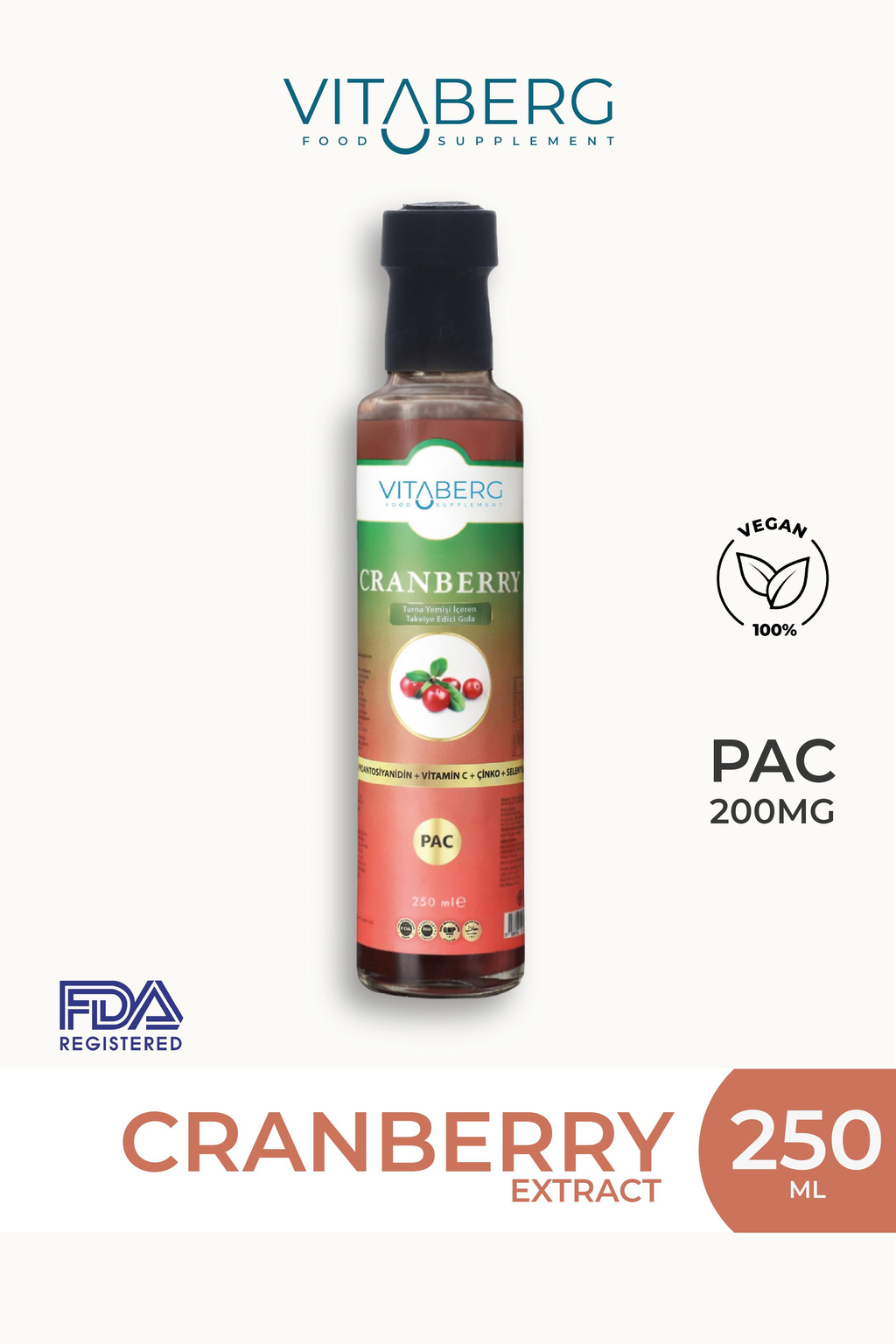 Vitaberg Cranberry Extract Sıvı Takviye | Vitamin C, Çinko, Selenyum İçeren Formül