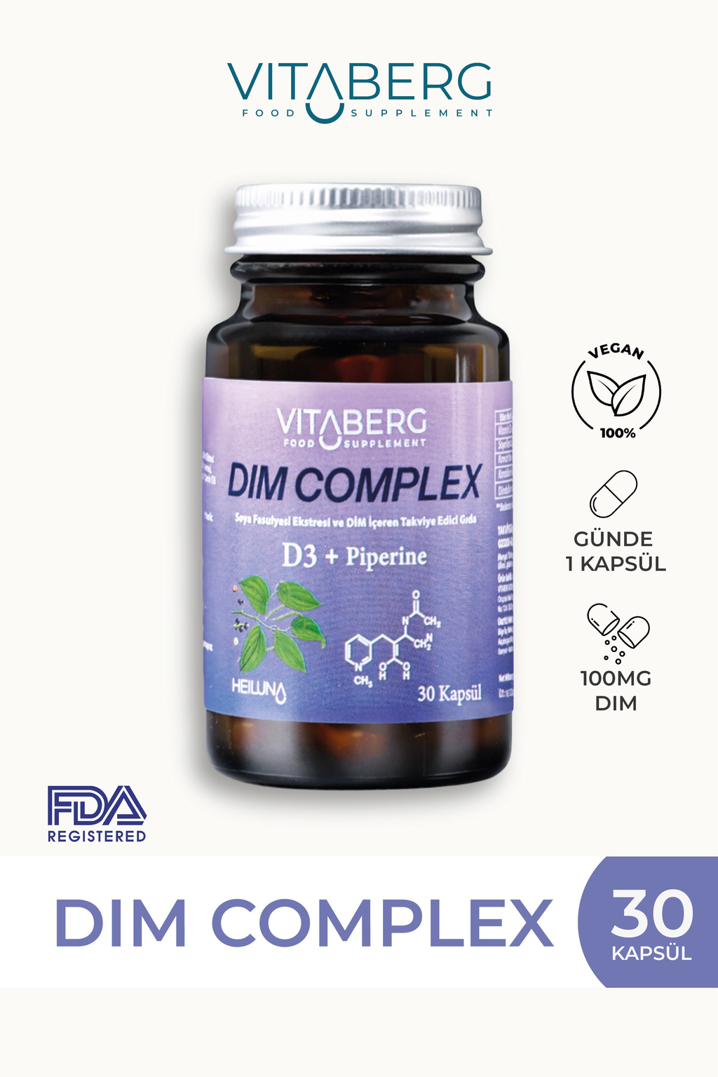 Vitaberg Dim Complex 30 Kapsül – DIM 100 mg, D3 ve Bitkisel Ekstreler İçeren Takviye Edici Gıda
