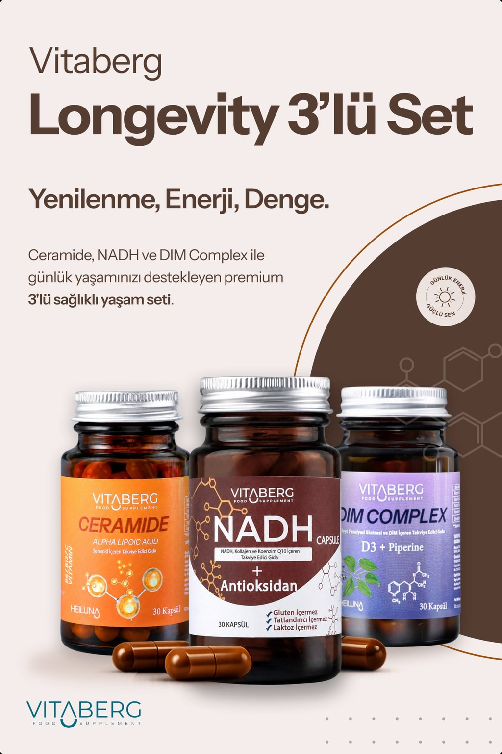 Vitaberg Longevity 3lü Takviye Seti - NADH, Ceramide ve DIM Complex