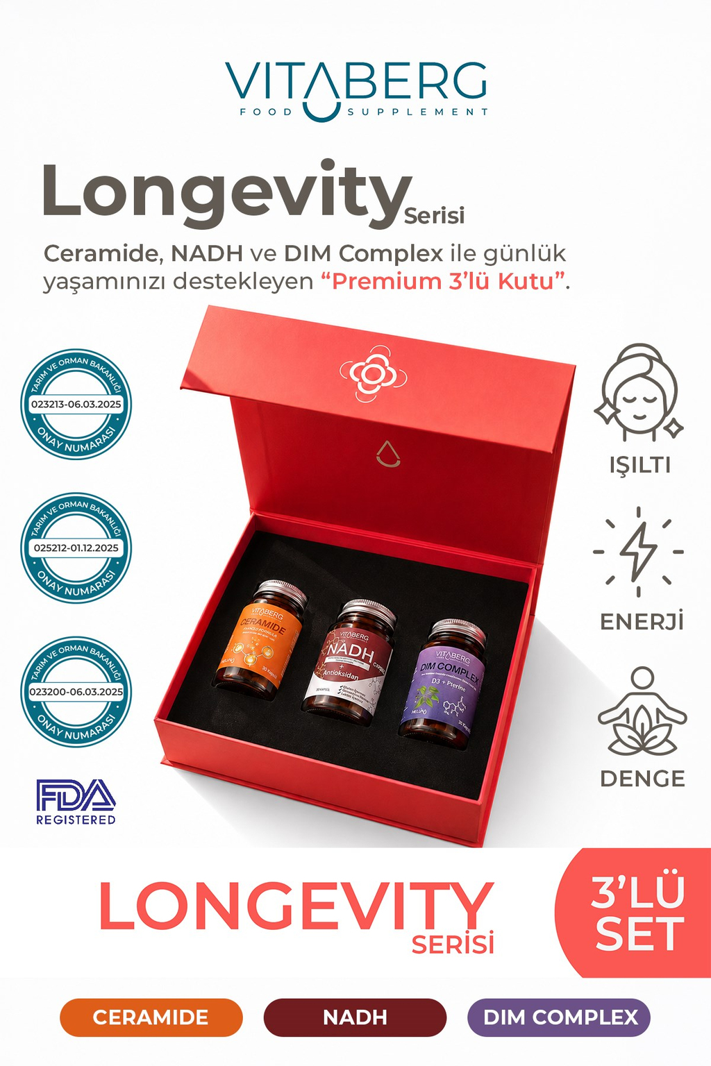 Vitaberg Longevity 3'lü Takviye Seti - NADH, Ceramide ve DIM Complex