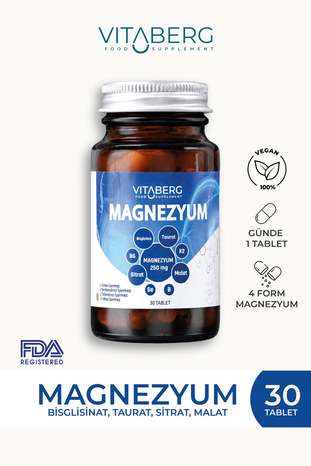 Vitaberg Magnezyum | Bisglisinat, Taurat, Sitrat, Malat + K2, B6, Bor, Selenyum