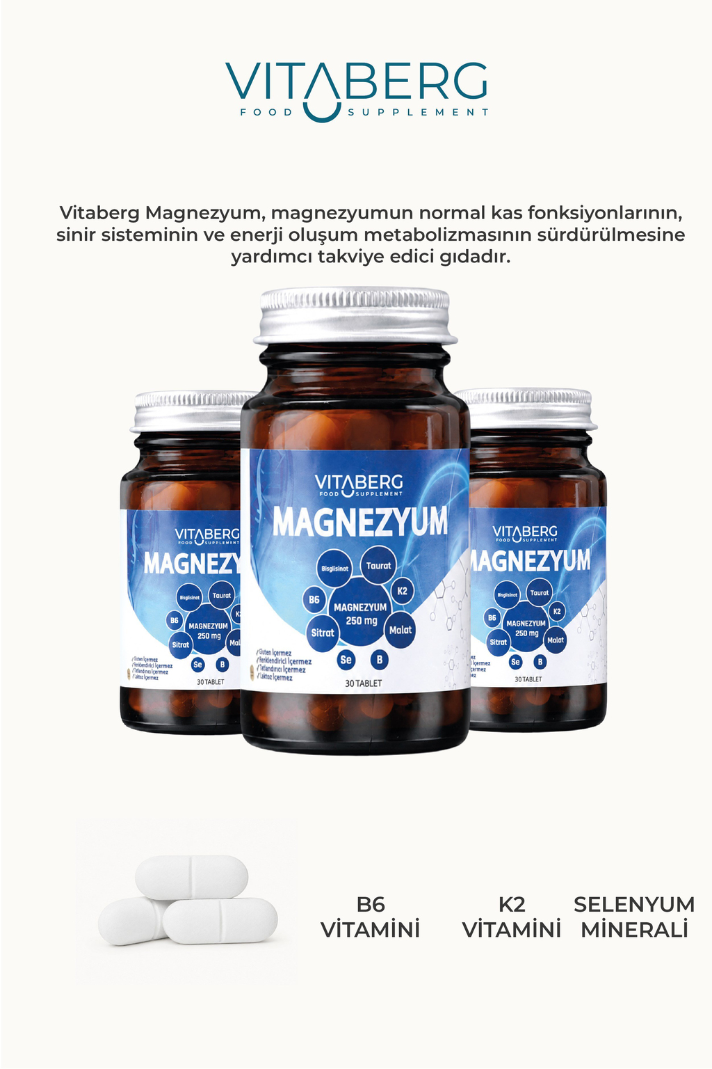 Vitaberg Magnezyum | Bisglisinat, Taurat, Sitrat, Malat + K2, B6, Bor, Selenyum
