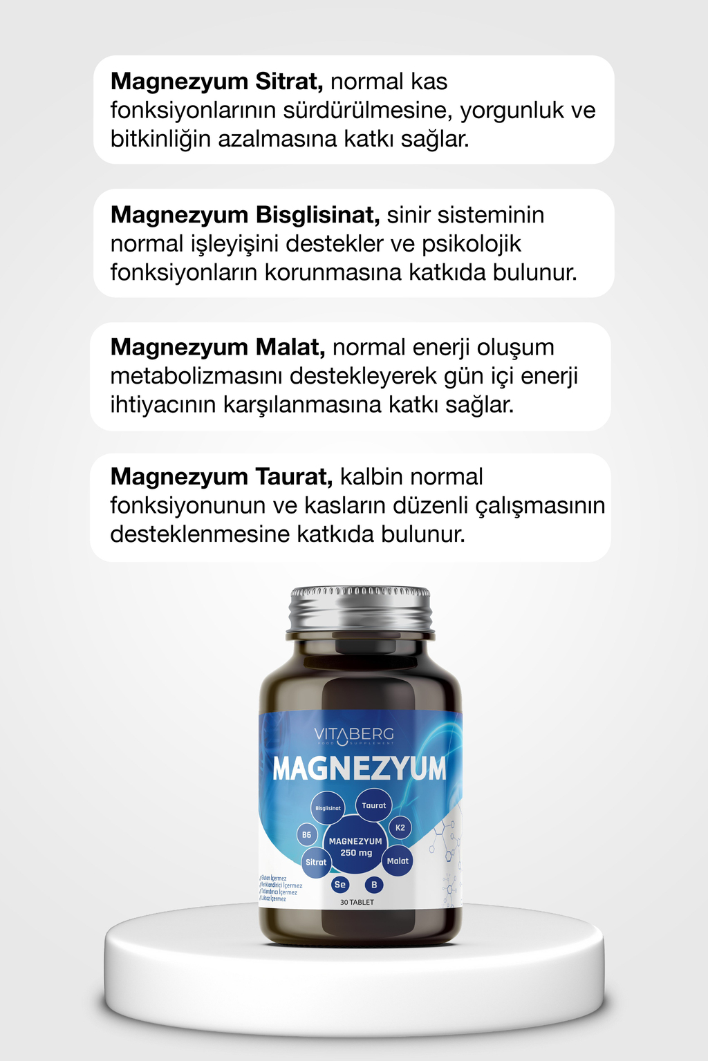Magnezyum Compleks | Bisglisinat, Taurat, Sitrat, Malat + K2, B6, Bor, Selenyum