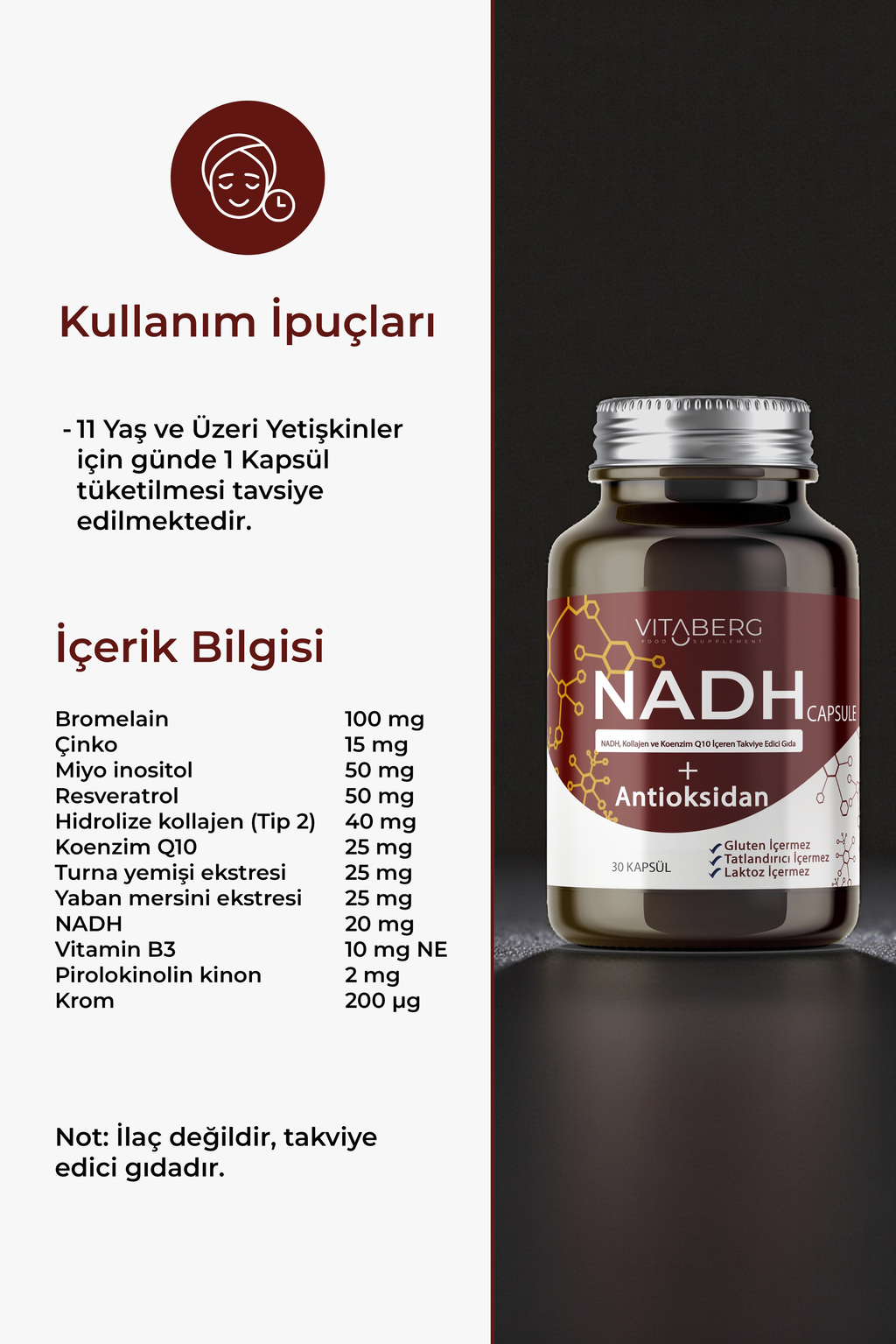 Vitaberg NADH Antioksidan+ | PQQ, Koenzim Q10, Resveratrol, Kolajen Tip II