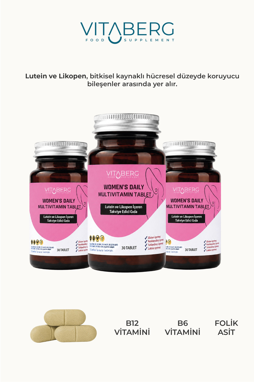 Vitaberg Womens Daily Multivitamin Tablet | B Vitaminleri, Beta Glukan, Lutein ve Likopen