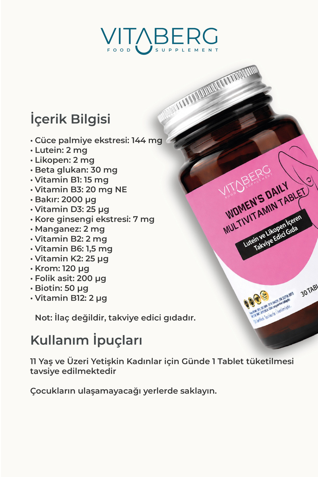 Vitaberg Womens Daily Multivitamin Tablet | B Vitaminleri, Beta Glukan, Lutein ve Likopen
