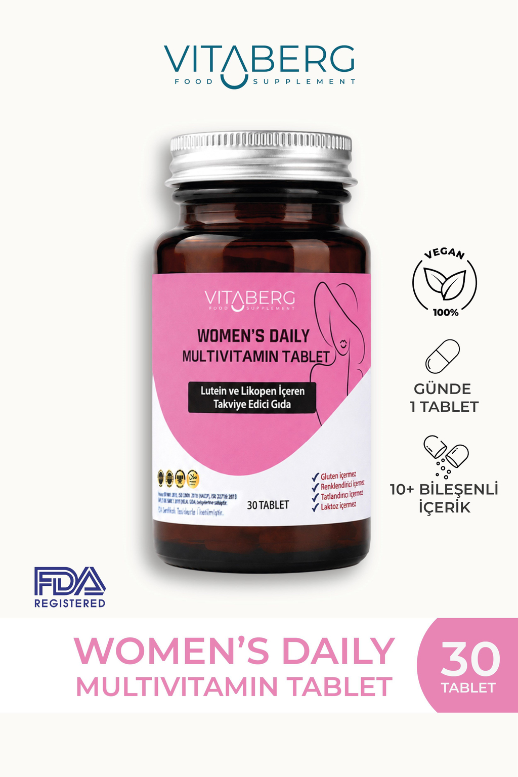 Vitaberg Womens Daily Multivitamin Tablet | B Vitaminleri, Beta Glukan, Lutein ve Likopen