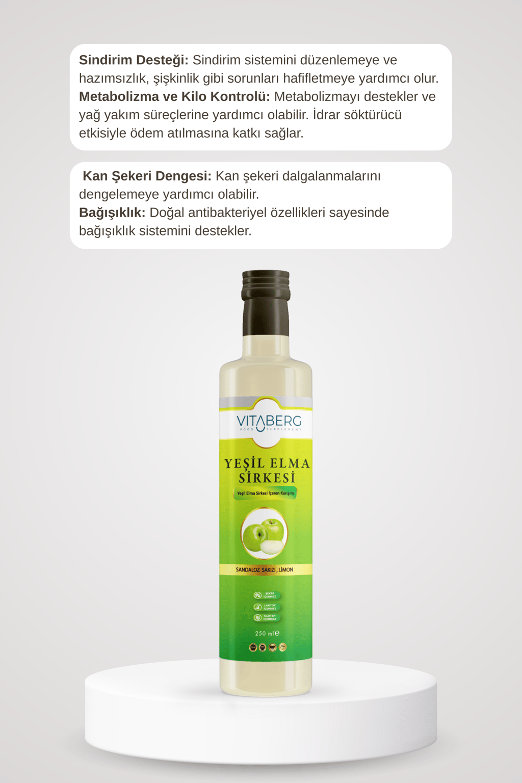 Yeşil Elma Sirkesi | Sandaloz Sakızı ve Limon Ekstrakt İçeren Karışım 250 ml
