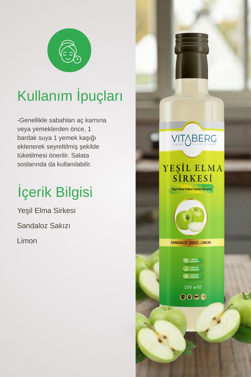 Yeşil Elma Sirkesi | Sandaloz Sakızı ve Limon Ekstrakt İçeren Karışım 250 ml