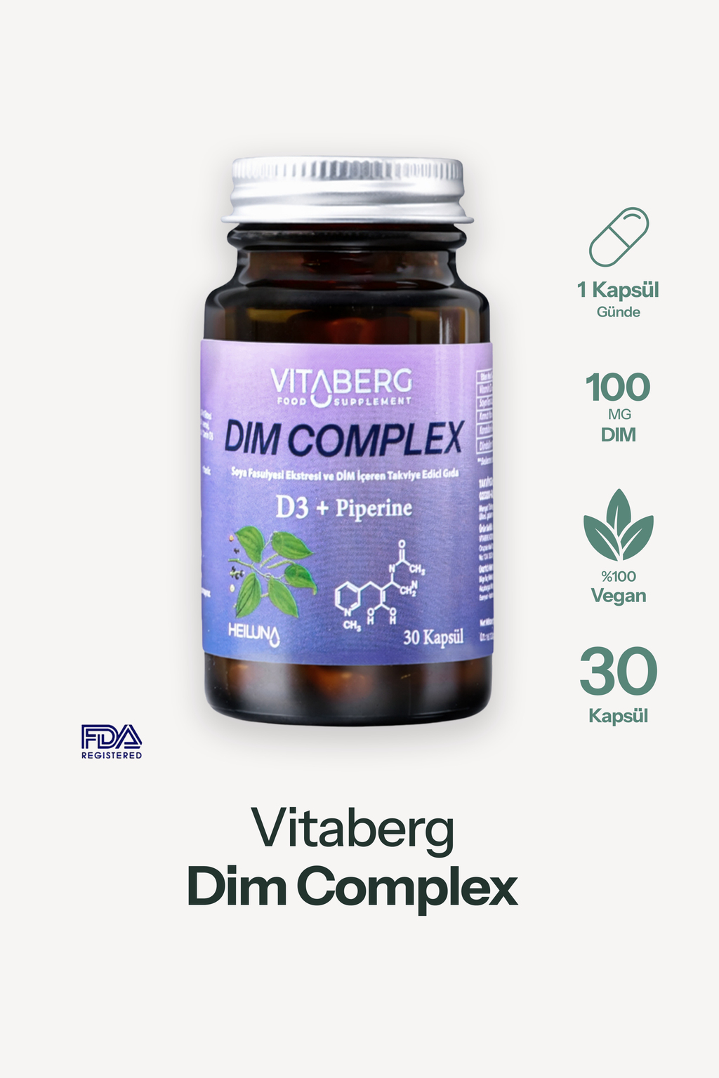 Vitaberg Dim Complex 30 Kapsül – DIM 100 mg, D3 ve Bitkisel Ekstreler İçeren Takviye Edici Gıda